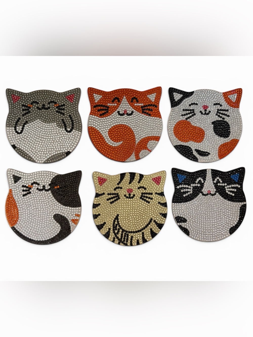 Handmade Diamond Art Cat Coaster Set of 6 Sealed Rhinestone Drink Coasters
